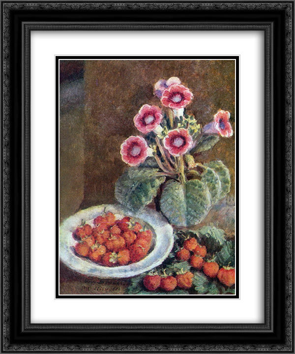 A flower in a pot and strawberries 20x24 Black Ornate Wood Framed Art Print Poster with Double Matting by Mashkov, Ilya