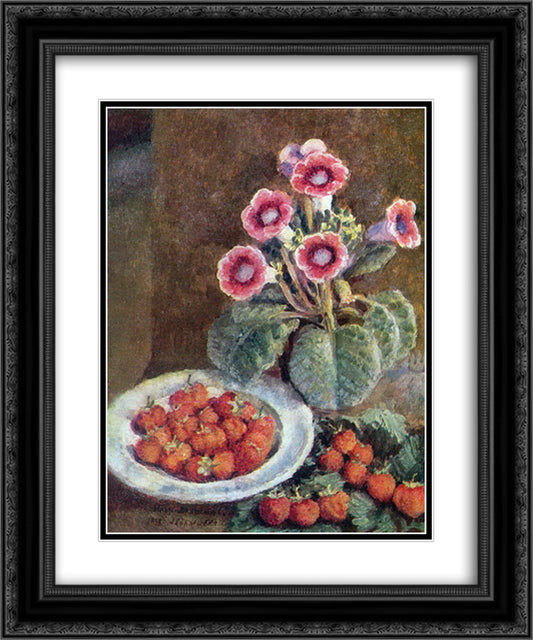 A flower in a pot and strawberries 20x24 Black Ornate Wood Framed Art Print Poster with Double Matting by Mashkov, Ilya