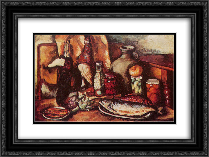 Game, fish, pickles (Still Life with pheasant) 24x18 Black Ornate Wood Framed Art Print Poster with Double Matting by Mashkov, Ilya