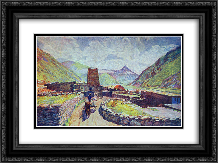 Georgia. Kazbek. View of the mountain Kabardzhino and village 24x18 Black Ornate Wood Framed Art Print Poster with Double Matting by Mashkov, Ilya