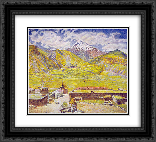 Georgia. Kazbek (day). Georgian Military Road. Mountain and village 22x20 Black Ornate Wood Framed Art Print Poster with Double Matting by Mashkov, Ilya