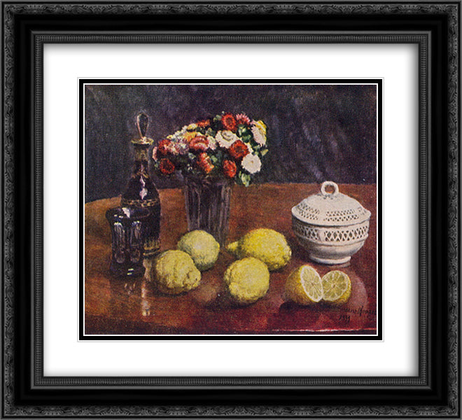 Lemons and Helichrysum 22x20 Black Ornate Wood Framed Art Print Poster with Double Matting by Mashkov, Ilya