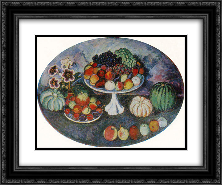 Oval Still Life with White Vase and Fruits 24x20 Black Ornate Wood Framed Art Print Poster with Double Matting by Mashkov, Ilya