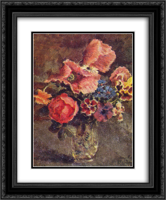 Poppies, roses, cornflowers and other flowers in a glass vase 20x24 Black Ornate Wood Framed Art Print Poster with Double Matting by Mashkov, Ilya