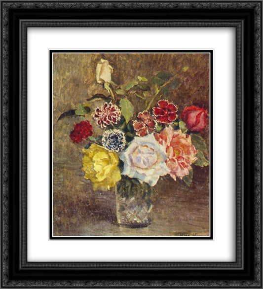 Roses and carnations 20x22 Black Ornate Wood Framed Art Print Poster with Double Matting by Mashkov, Ilya