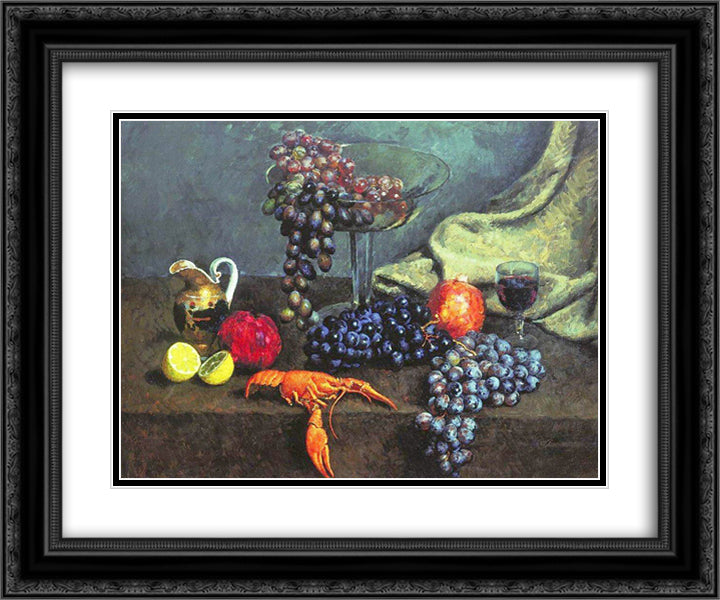 Still Life. Grape, lemon, and cancer 24x20 Black Ornate Wood Framed Art Print Poster with Double Matting by Mashkov, Ilya