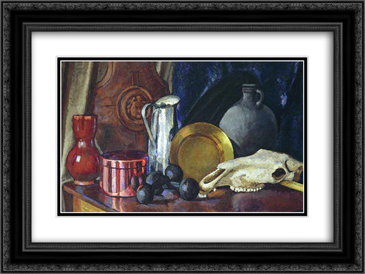 Still life with a horse skull 24x18 Black Ornate Wood Framed Art Print Poster with Double Matting by Mashkov, Ilya