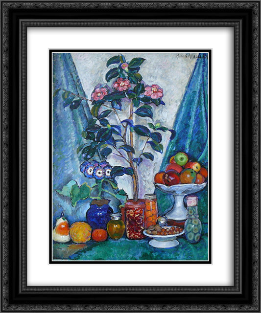 Still Life with Camellias 20x24 Black Ornate Wood Framed Art Print Poster with Double Matting by Mashkov, Ilya