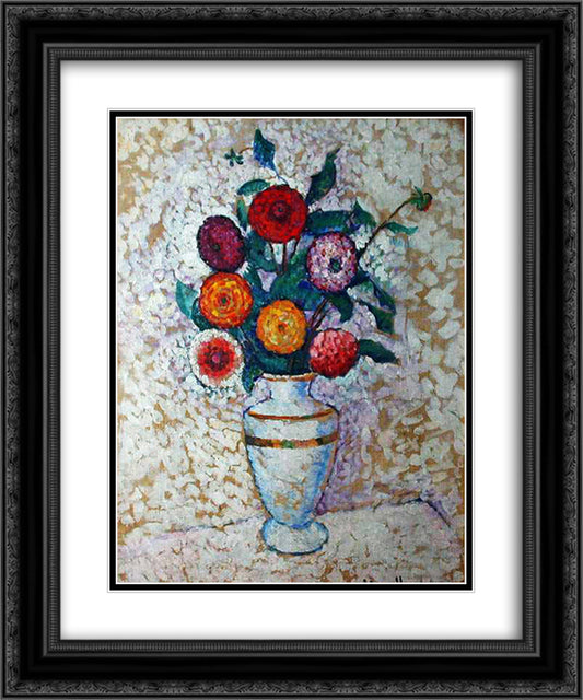 Still life with dahlias 20x24 Black Ornate Wood Framed Art Print Poster with Double Matting by Mashkov, Ilya