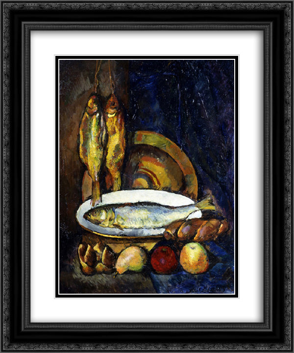 Still Life with Fish 20x24 Black Ornate Wood Framed Art Print Poster with Double Matting by Mashkov, Ilya