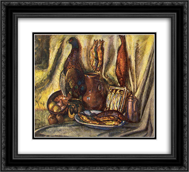 Still life with fish and capercaillie 22x20 Black Ornate Wood Framed Art Print Poster with Double Matting by Mashkov, Ilya