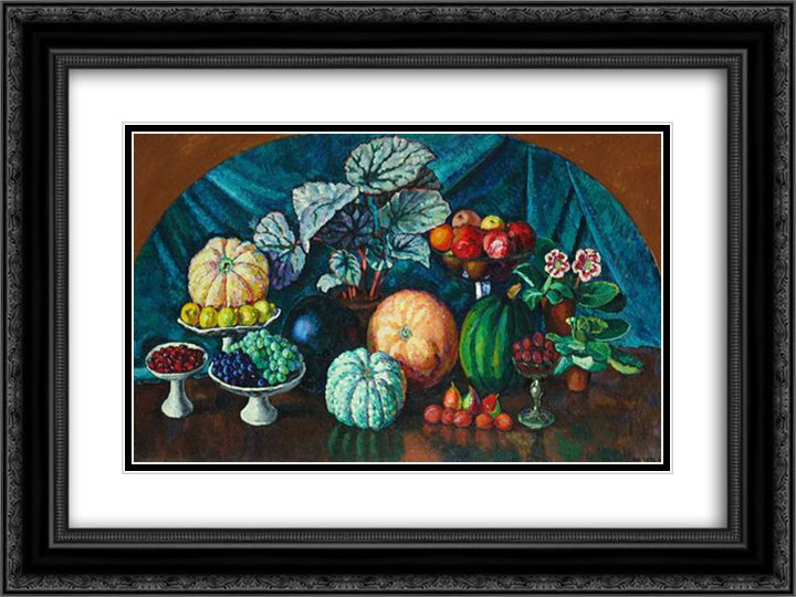 Still life with melons and pumpkins 24x18 Black Ornate Wood Framed Art Print Poster with Double Matting by Mashkov, Ilya