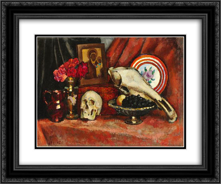 Still Life with Skull 24x20 Black Ornate Wood Framed Art Print Poster with Double Matting by Mashkov, Ilya