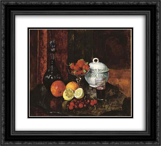 Still life with strawberries. Cherry and blue pitcher 22x20 Black Ornate Wood Framed Art Print Poster with Double Matting by Mashkov, Ilya