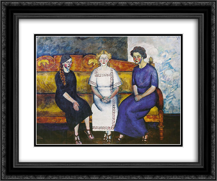 Three sisters on the couch. Portrait of N. Samoilova, L. Samoilova and E. Samoilova 24x20 Black Ornate Wood Framed Art Print Poster with Double Matting by Mashkov, Ilya
