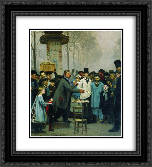 A Newspaper Seller in Paris 20x22 Black Ornate Wood Framed Art Print Poster with Double Matting by Repin, Ilya