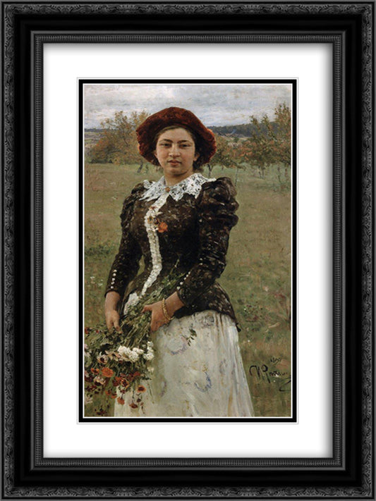 Autumn Bouquet. Portrait of Vera Repina. 18x24 Black Ornate Wood Framed Art Print Poster with Double Matting by Repin, Ilya