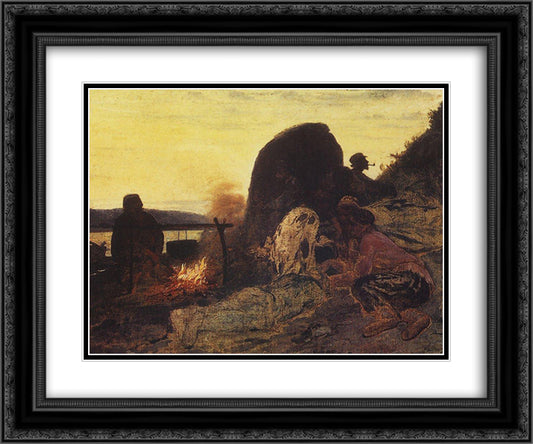 Barge Haulers at the Fire 24x20 Black Ornate Wood Framed Art Print Poster with Double Matting by Repin, Ilya