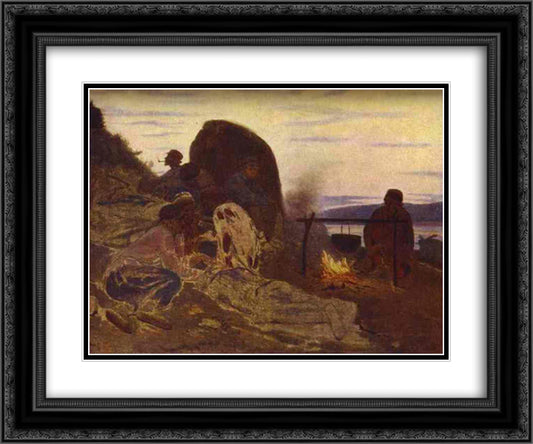 Barge Haulers by Campfire 24x20 Black Ornate Wood Framed Art Print Poster with Double Matting by Repin, Ilya