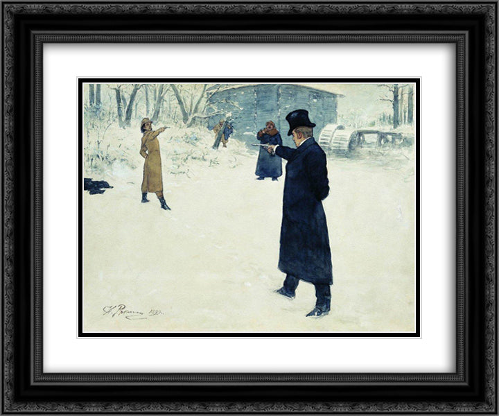 Duel between Onegin and Lenski 24x20 Black Ornate Wood Framed Art Print Poster with Double Matting by Repin, Ilya
