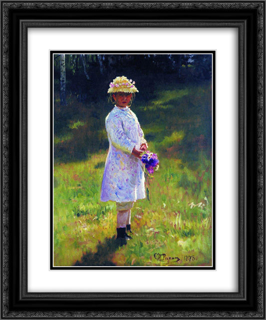 Girl with Flowers. Daughter of the Artist. 20x24 Black Ornate Wood Framed Art Print Poster with Double Matting by Repin, Ilya