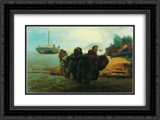 Haulers cross wade 24x18 Black Ornate Wood Framed Art Print Poster with Double Matting by Repin, Ilya