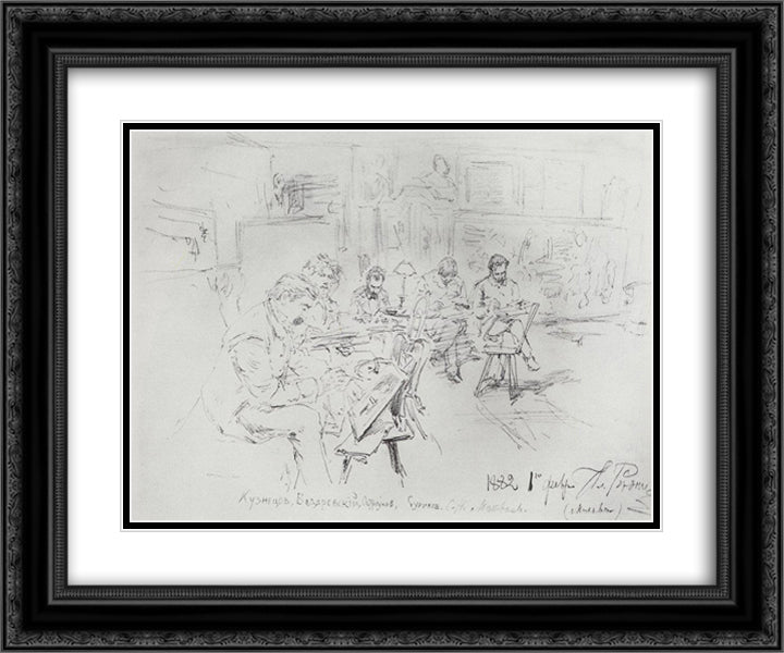 In Repins studio. Drawing evening. 24x20 Black Ornate Wood Framed Art Print Poster with Double Matting by Repin, Ilya