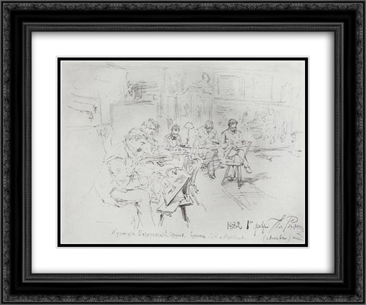 In Repins studio. Drawing evening. 24x20 Black Ornate Wood Framed Art Print Poster with Double Matting by Repin, Ilya