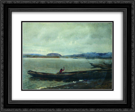 Landscape of the Volga with boats 24x20 Black Ornate Wood Framed Art Print Poster with Double Matting by Repin, Ilya