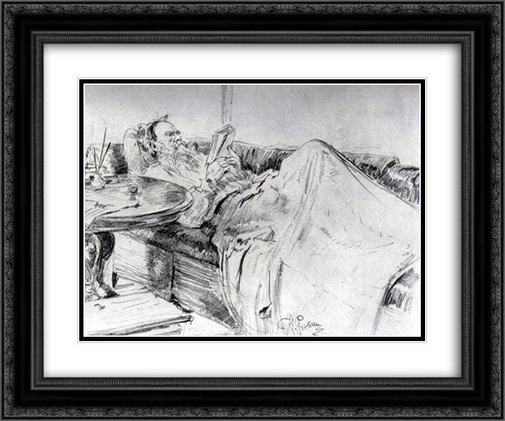 Leo Tolstoy reading 24x20 Black Ornate Wood Framed Art Print Poster with Double Matting by Repin, Ilya