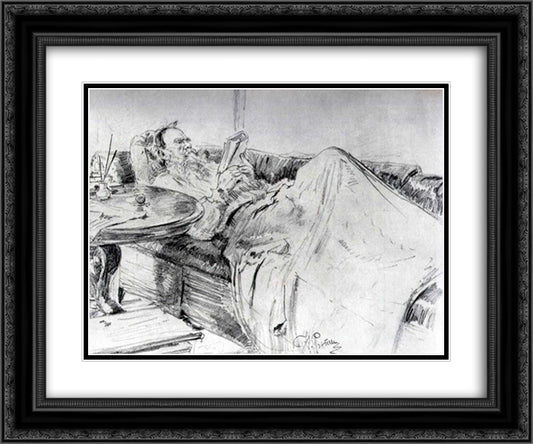 Leo Tolstoy reading 24x20 Black Ornate Wood Framed Art Print Poster with Double Matting by Repin, Ilya