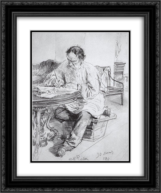 Leo Tolstoy working at the round table 20x24 Black Ornate Wood Framed Art Print Poster with Double Matting by Repin, Ilya