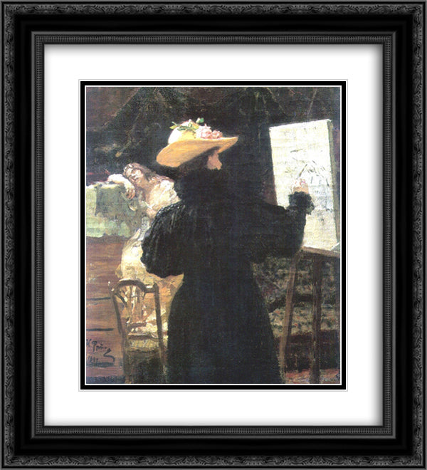 M.K. Tenisheva at work 20x22 Black Ornate Wood Framed Art Print Poster with Double Matting by Repin, Ilya