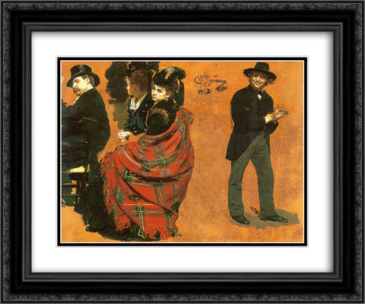 Man and woman at the table. The man pulls on the glove 24x20 Black Ornate Wood Framed Art Print Poster with Double Matting by Repin, Ilya