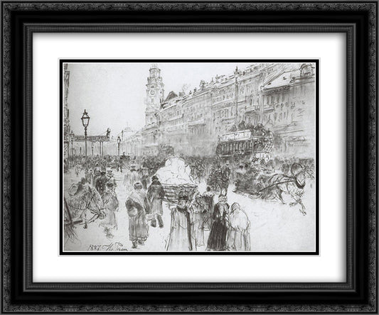 Nevsky Avenue 24x20 Black Ornate Wood Framed Art Print Poster with Double Matting by Repin, Ilya