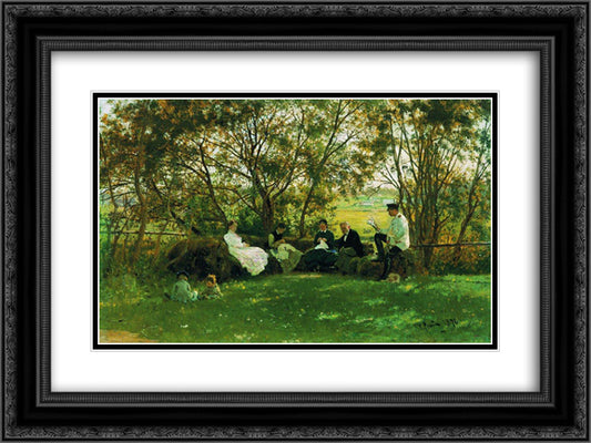 On a Turf Bench 24x18 Black Ornate Wood Framed Art Print Poster with Double Matting by Repin, Ilya