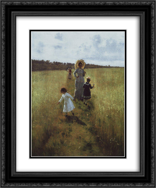 On the boundary path. V.A. Repina with children going on the boundary path 20x24 Black Ornate Wood Framed Art Print Poster with Double Matting by Repin, Ilya