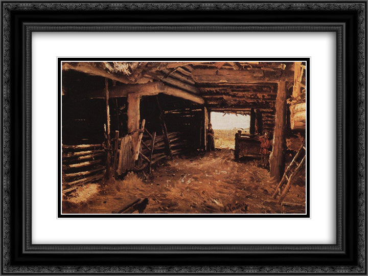 Peasant Yard 24x18 Black Ornate Wood Framed Art Print Poster with Double Matting by Repin, Ilya