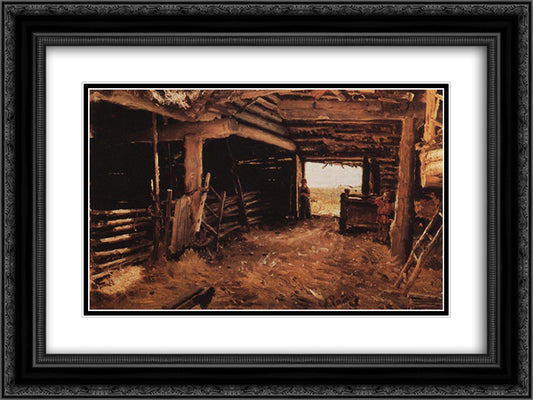 Peasant Yard 24x18 Black Ornate Wood Framed Art Print Poster with Double Matting by Repin, Ilya