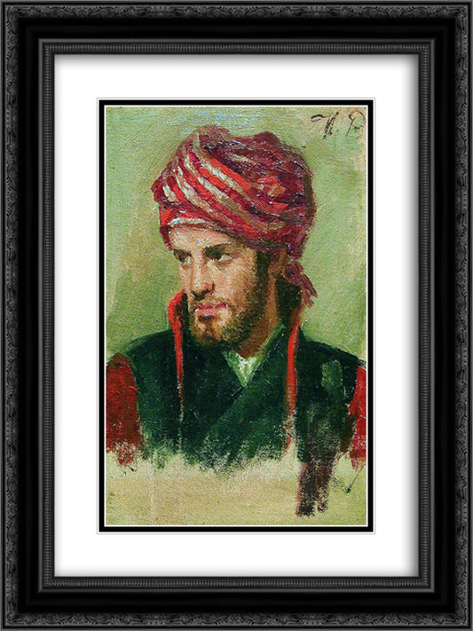 Portrait of a young man in a turban 18x24 Black Ornate Wood Framed Art Print Poster with Double Matting by Repin, Ilya
