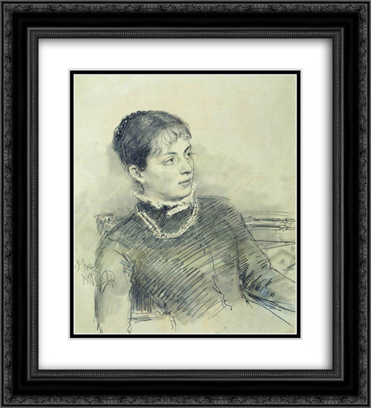 Portrait of a young wife, sitting on the couch 20x22 Black Ornate Wood Framed Art Print Poster with Double Matting by Repin, Ilya