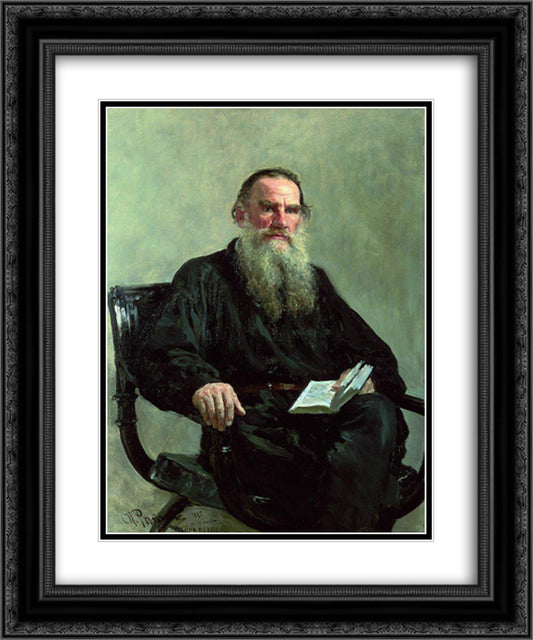 Portrait of Leo Tolstoy 20x24 Black Ornate Wood Framed Art Print Poster with Double Matting by Repin, Ilya