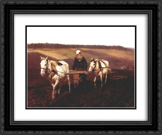 Portrait of Leo Tolstoy as a Ploughman on a Field 24x20 Black Ornate Wood Framed Art Print Poster with Double Matting by Repin, Ilya