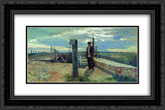Railway guard. Hotkovo. 24x16 Black Ornate Wood Framed Art Print Poster with Double Matting by Repin, Ilya