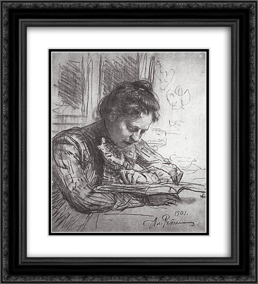 Reading (Portrait of Natalia B. Nordman) 20x22 Black Ornate Wood Framed Art Print Poster with Double Matting by Repin, Ilya