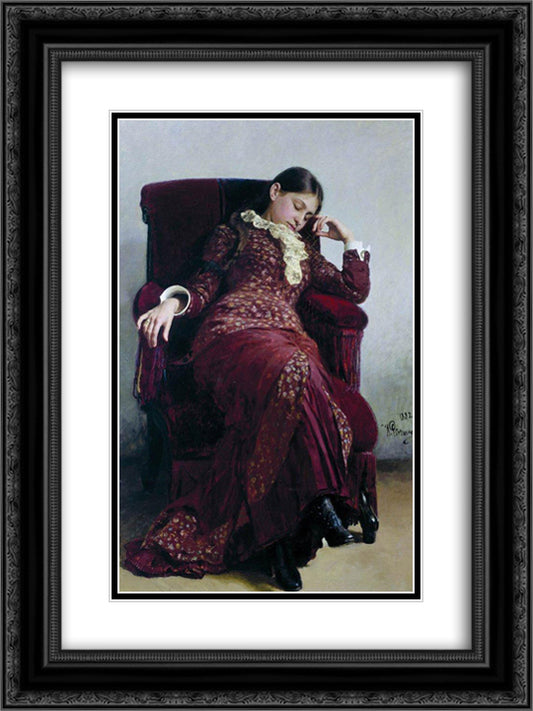 Rest. Portrait of Vera Repina, the Artist' s Wife. 18x24 Black Ornate Wood Framed Art Print Poster with Double Matting by Repin, Ilya