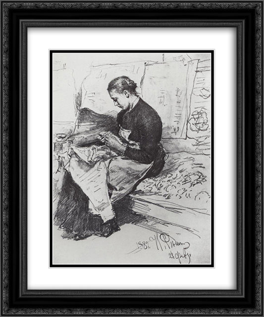 Seamstress 20x24 Black Ornate Wood Framed Art Print Poster with Double Matting by Repin, Ilya