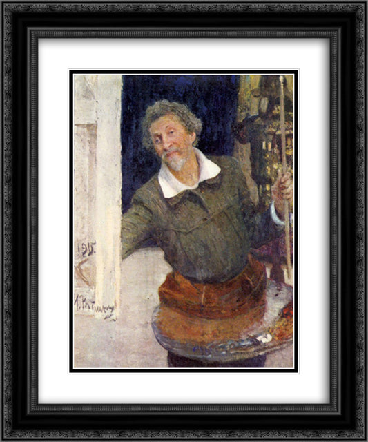 Self portrait at work 20x24 Black Ornate Wood Framed Art Print Poster with Double Matting by Repin, Ilya
