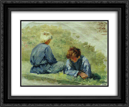 The boys on the grass 24x20 Black Ornate Wood Framed Art Print Poster with Double Matting by Repin, Ilya