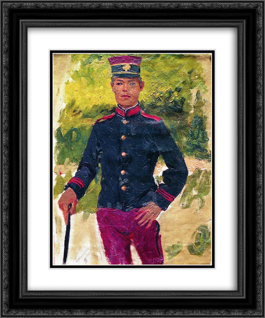 The young soldier. Parisian style 20x24 Black Ornate Wood Framed Art Print Poster with Double Matting by Repin, Ilya